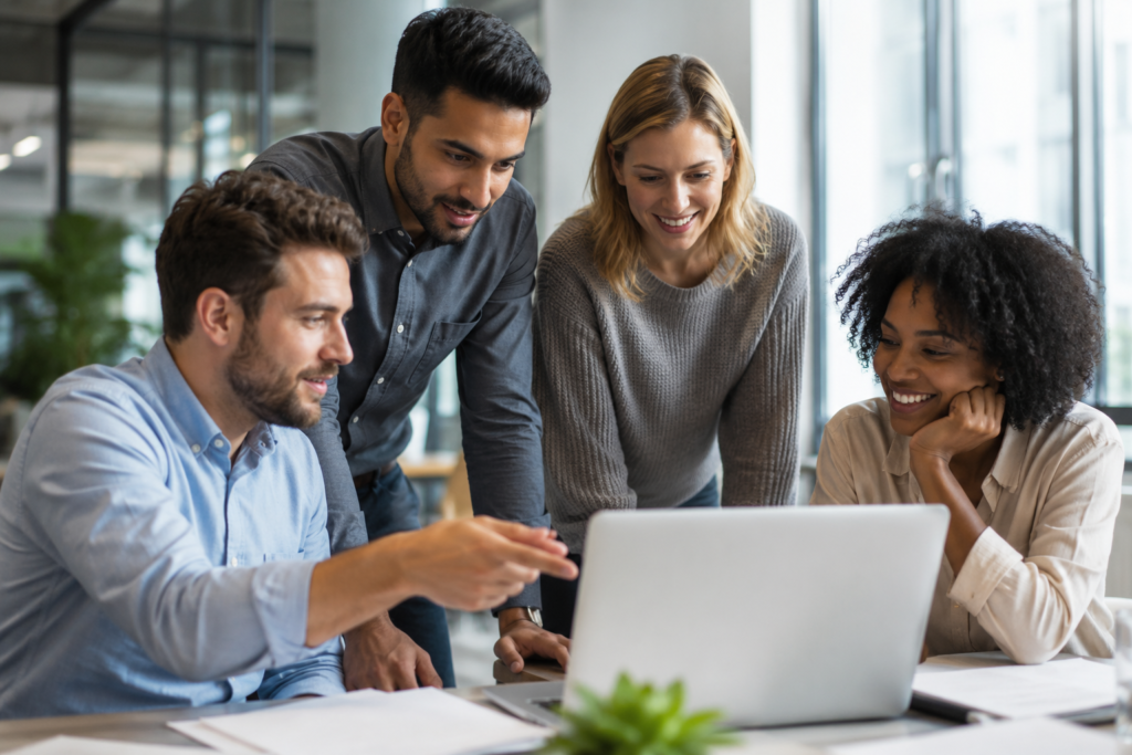 Colleagues collaborating around a laptop in an office
