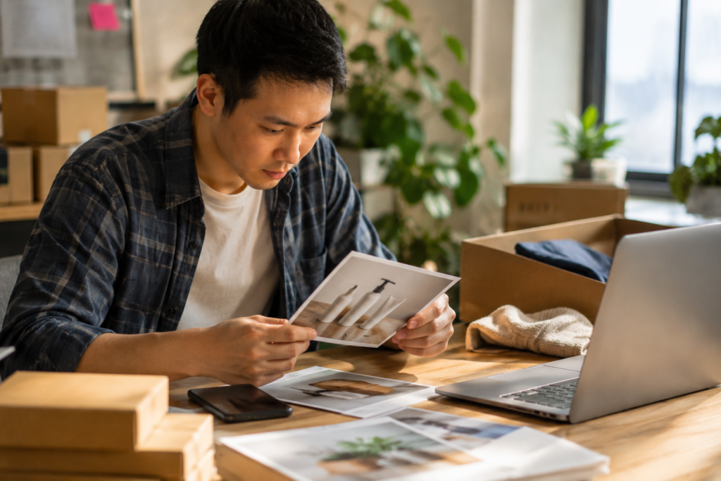 Person looking at pictures with laptop and shipping boxes at a desk