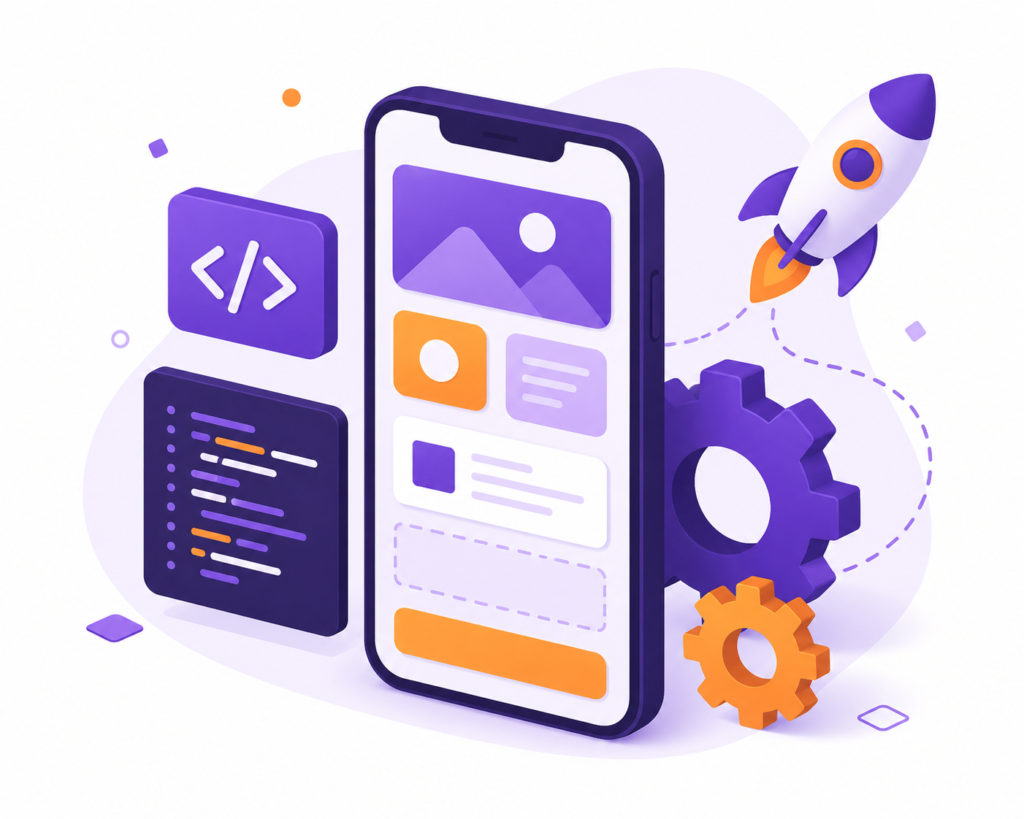 Mobile app development illustration with smartphone UI, code, gears, and a launching rocket