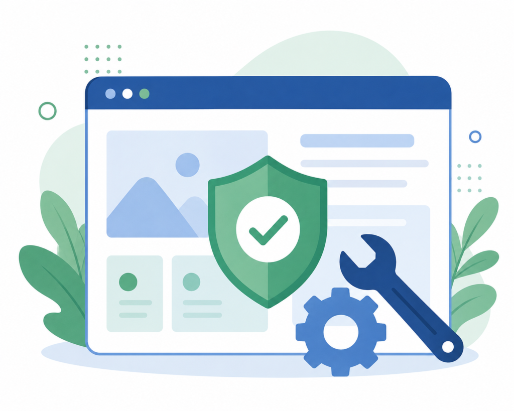 Illustration of website security and maintenance, showing a webpage with a shield checkmark, wrench, and gear icon