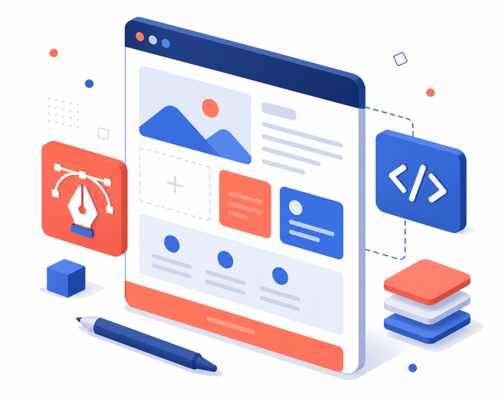 Illustration of web design and development, showing a browser mockup with design tool and code icons on either side