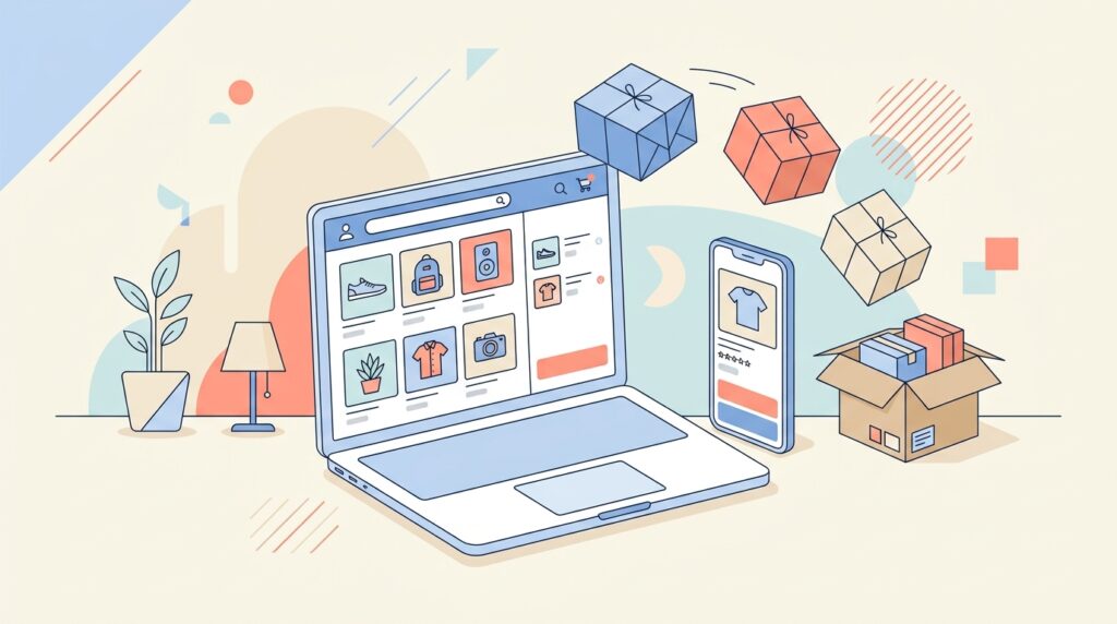 Illustration of e-commerce shopping showing a laptop and phone displaying online stores, with gift boxes and a shipping package
