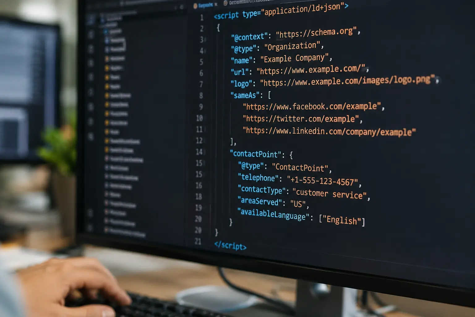 JSON-LD structured data script displayed on a code editor screen