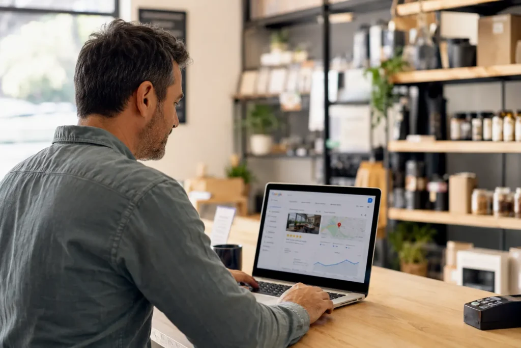 Shop owner reviewing a Google Business Profile listing on a laptop