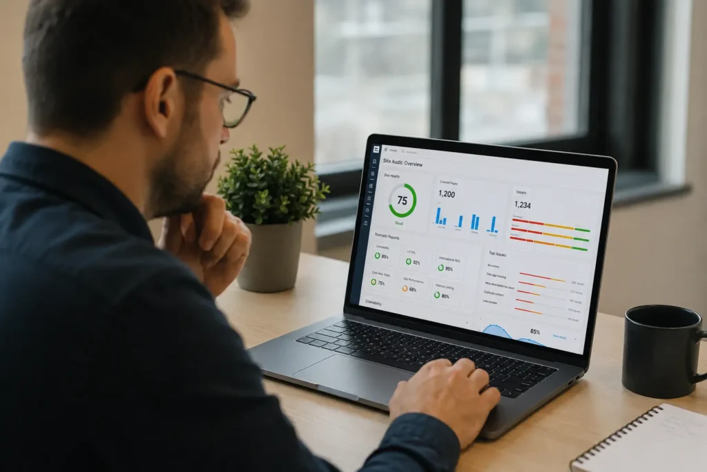 Man reviewing an SEO site audit dashboard on a laptop
