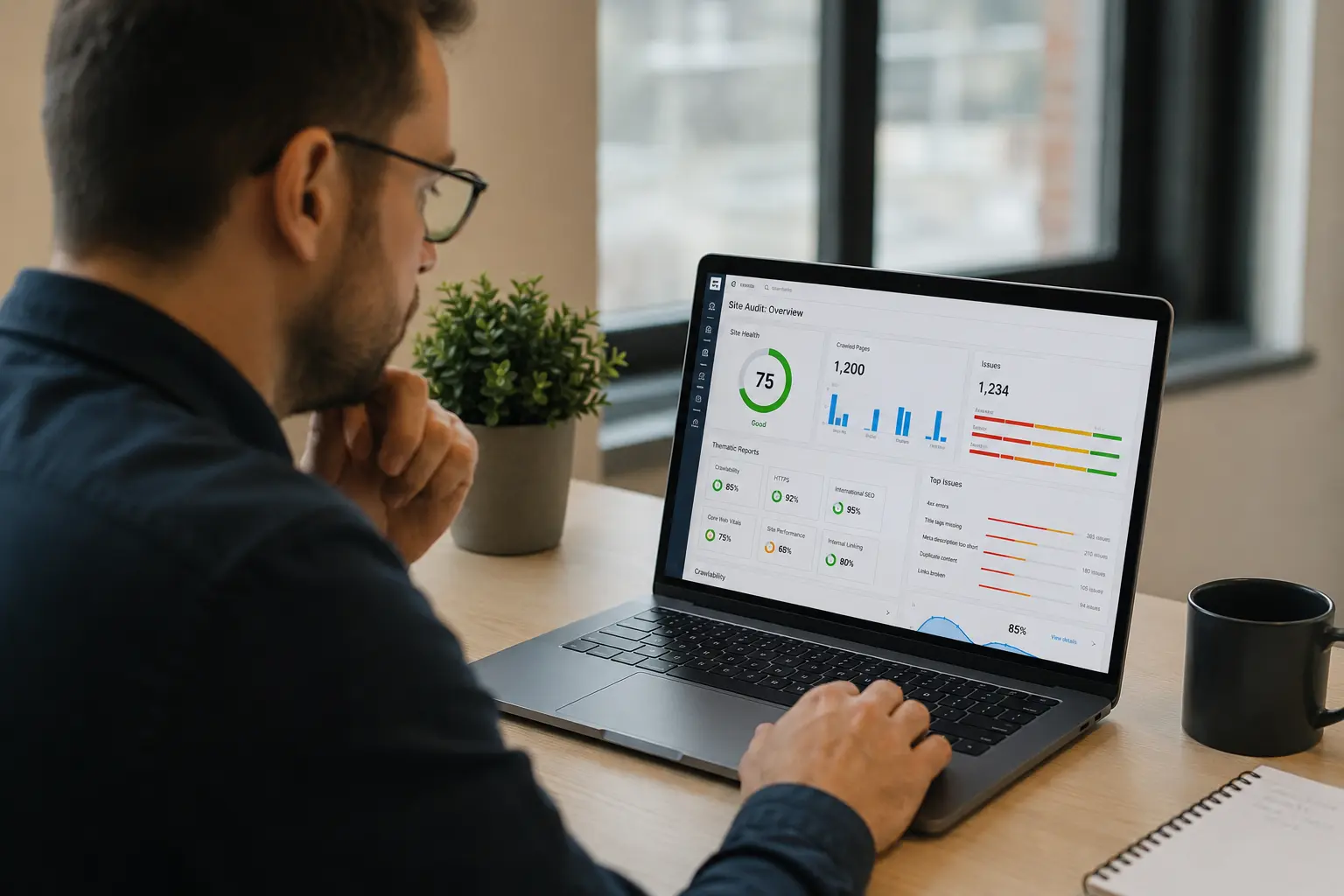 Man reviewing an SEO site audit dashboard on a laptop