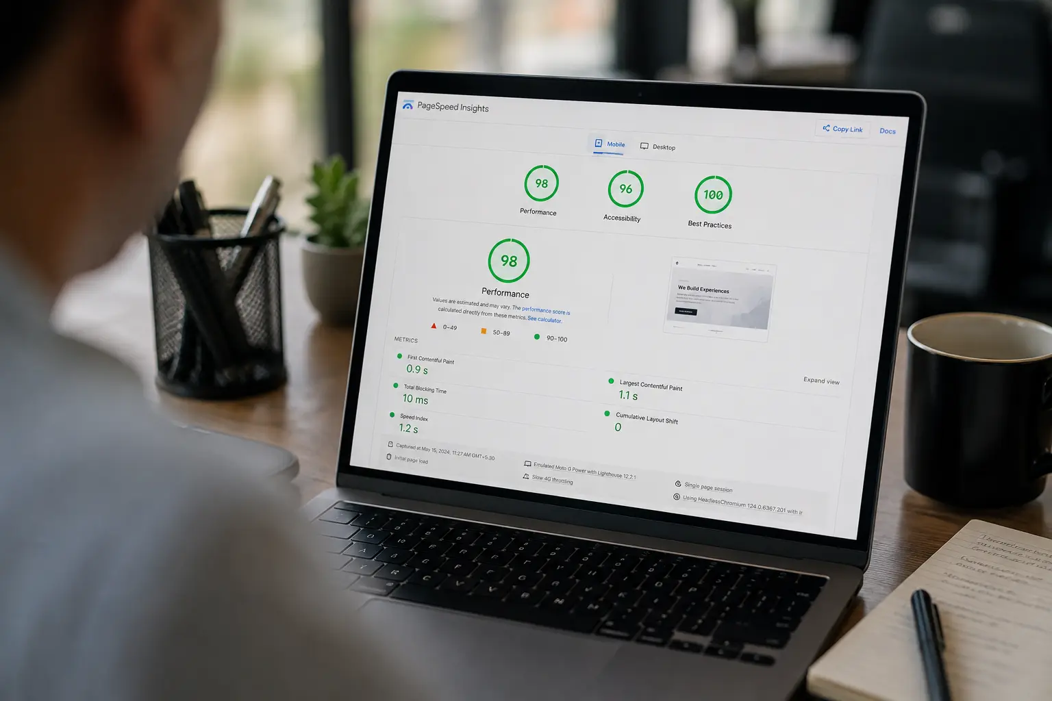Laptop showing PageSpeed Insights performance scores