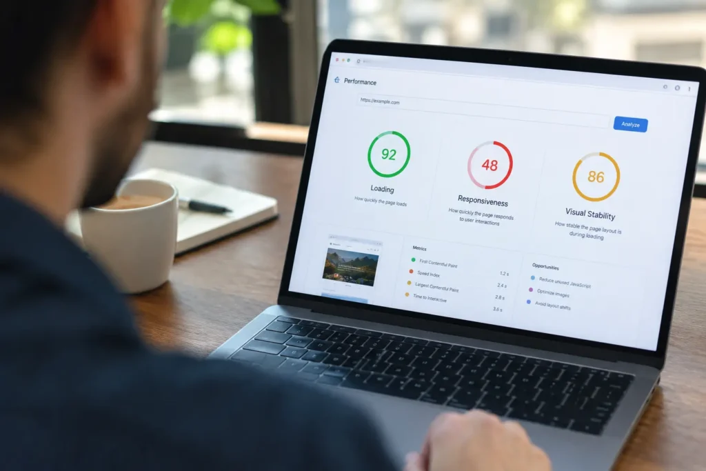 Man reviewing a page speed performance dashboard on a laptop showing loading, responsiveness, and visual stability scores with improvement suggestions