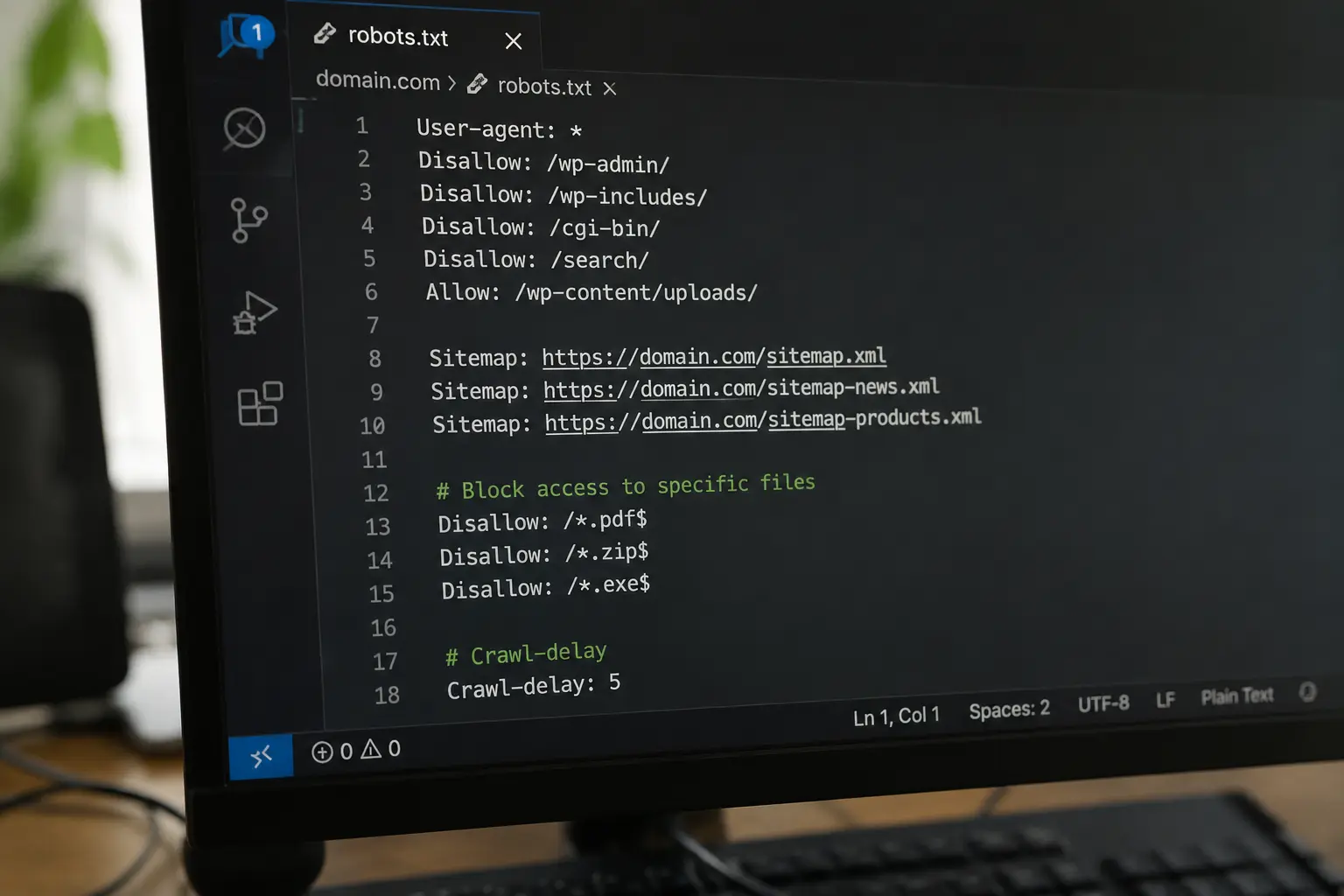 Robots.txt file with disallow and sitemap directives on a code editor