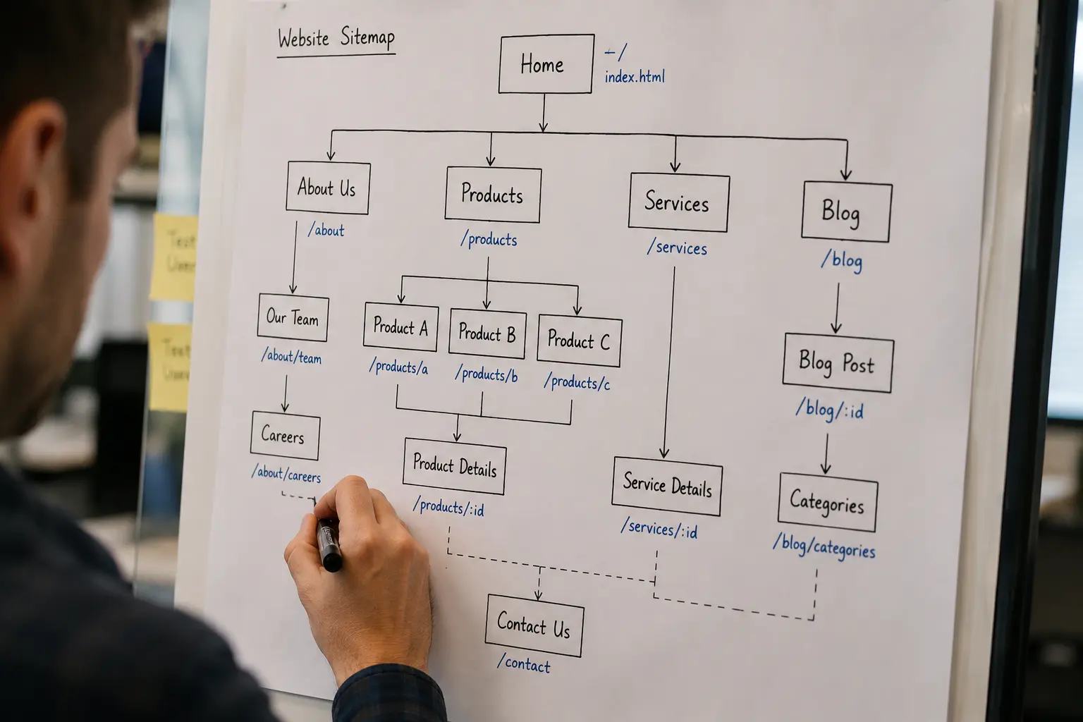 Person sketching a website sitemap hierarchy on a whiteboard